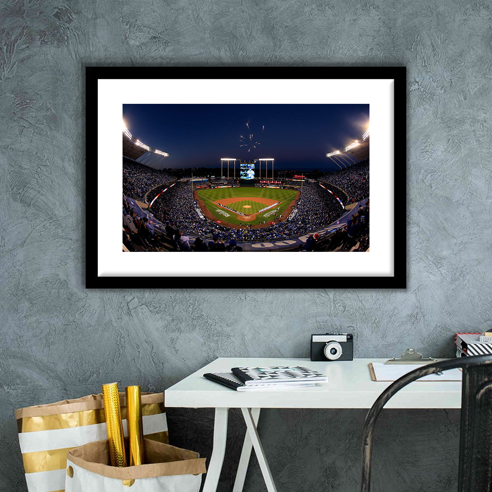 Kauffman Stadium in Missouri, Stadium Canvas, Sport Art, Gift for him, White Border Framed Art Print Wall Decor