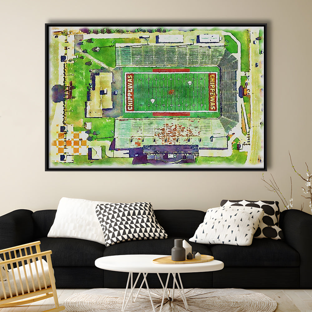 KellyShorts Painting Stadium Watercolor, Mount Pleasant Michigan, Sport Gift Art, Framed Canvas Print Wall Art