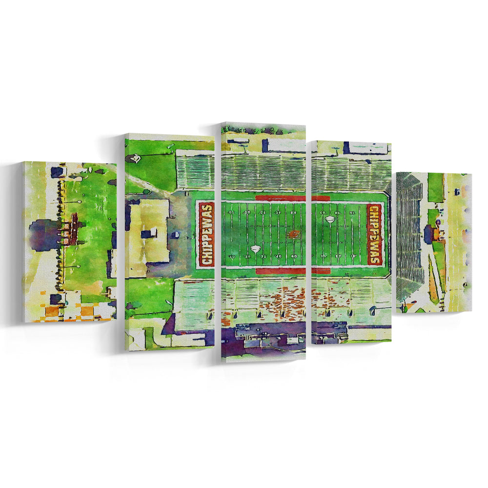 KellyShorts Painting Stadium Watercolor, Mount Pleasant Michigan , Sport Art, Mixed 5 Panel, Canvas Print Wall Art