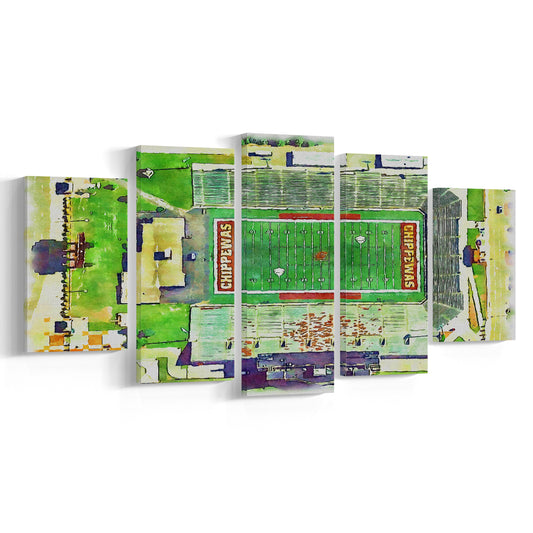 KellyShorts Painting Stadium Watercolor, Mount Pleasant Michigan , Sport Art, Mixed 5 Panel, Canvas Print Wall Art