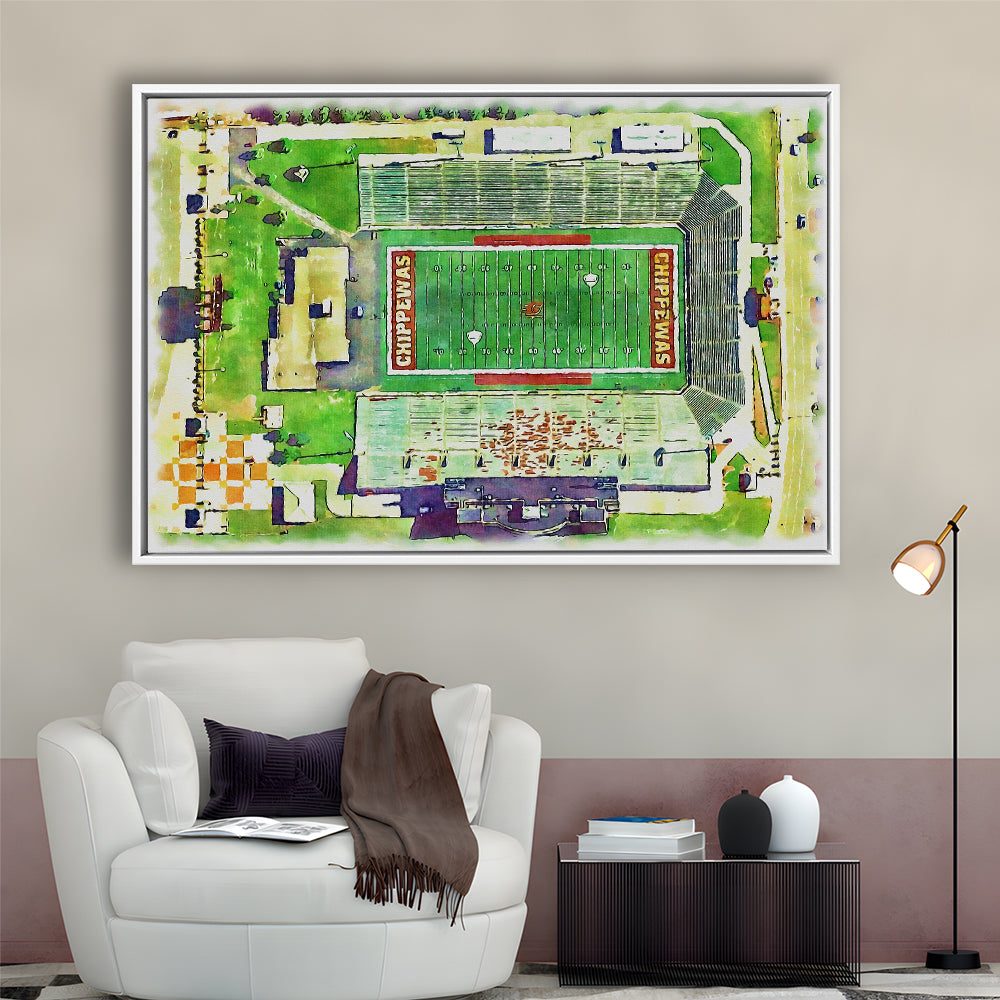 KellyShorts Painting Stadium Watercolor, Mount Pleasant Michigan, Sport Gift Art, Framed Canvas Print Wall Art