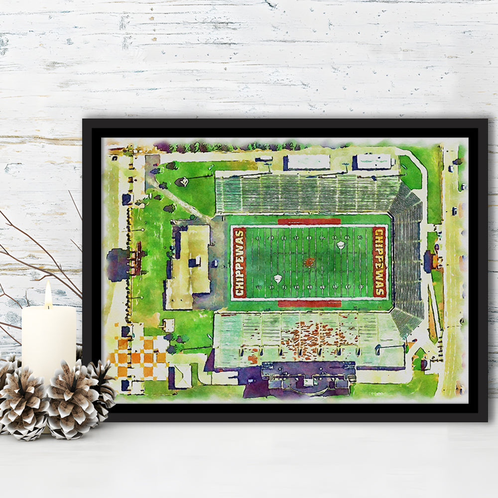 KellyShorts Painting Stadium Watercolor, Mount Pleasant Michigan, Sport Gift Art, Framed Canvas Print Wall Art