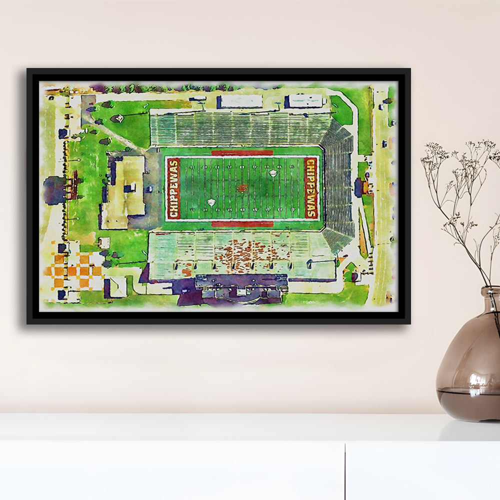KellyShorts Painting Stadium Watercolor, Mount Pleasant Michigan, Sport Gift Art, Framed Canvas Print Wall Art
