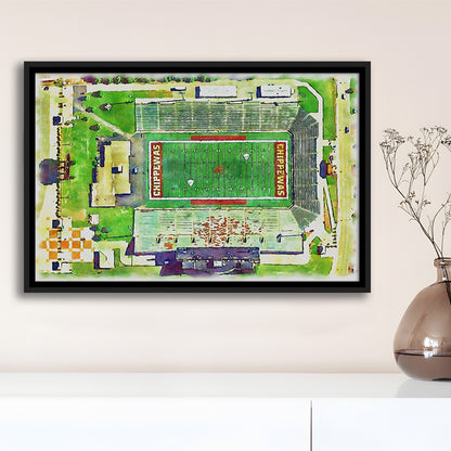 KellyShorts Painting Stadium Watercolor, Mount Pleasant Michigan, Sport Gift Art, Framed Canvas Print Wall Art