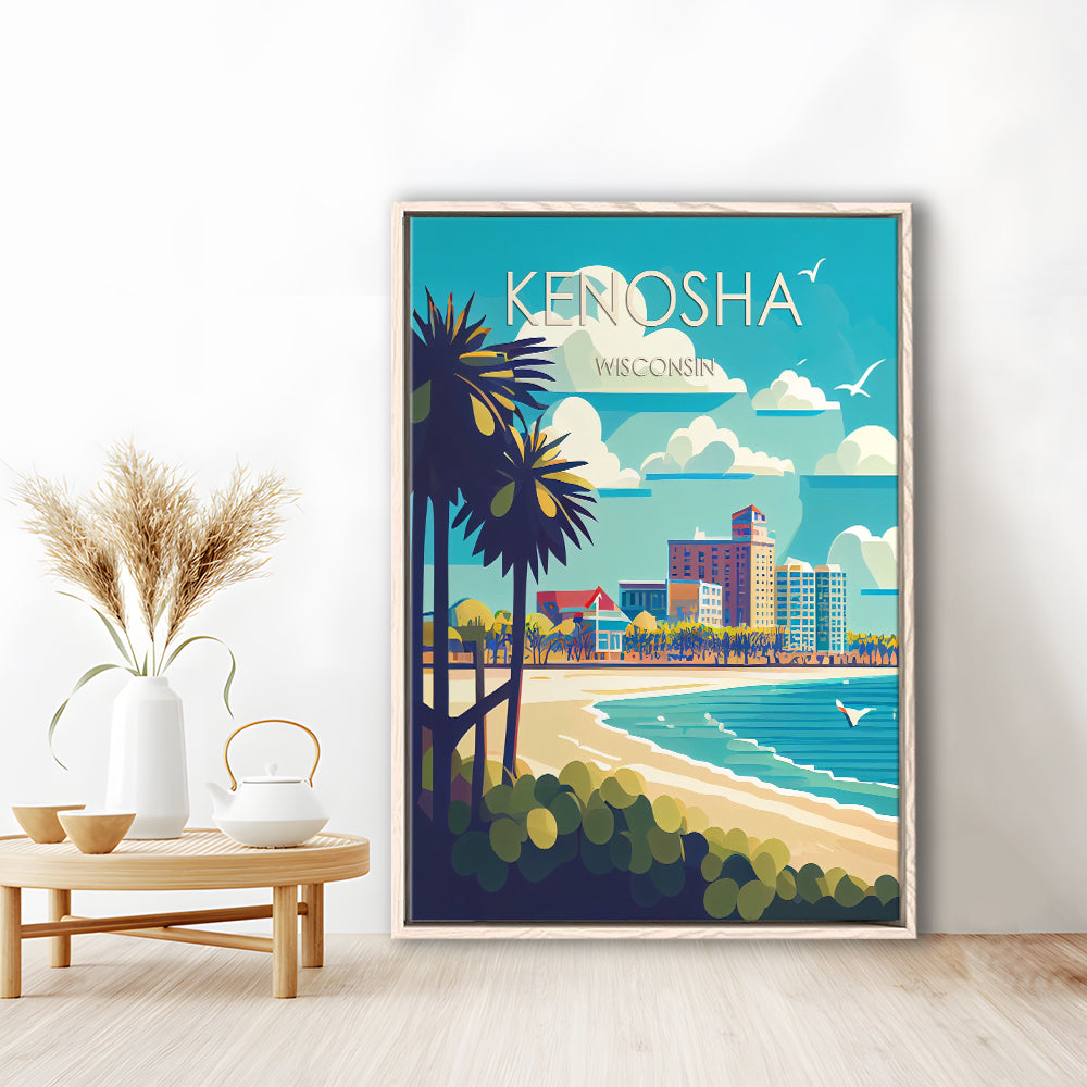 Kenosha Wisconsin Retro Art Print, Kenosha City Wall Art, Floating Framed Canvas Print, Framed Picture, Painting Canvas