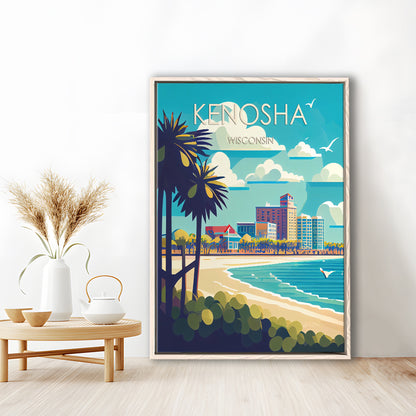 Kenosha Wisconsin Retro Art Print, Kenosha City Wall Art, Floating Framed Canvas Print, Framed Picture, Painting Canvas