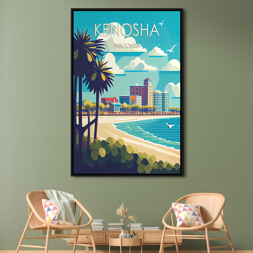 Kenosha Wisconsin Retro Art Print, Kenosha City Wall Art, Floating Framed Canvas Print, Framed Picture, Painting Canvas