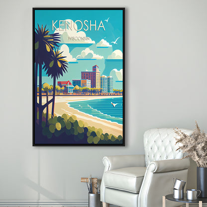 Kenosha Wisconsin Retro Art Print, Kenosha City Wall Art, Floating Framed Canvas Print, Framed Picture, Painting Canvas
