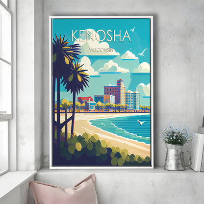 Kenosha Wisconsin Retro Art Print, Kenosha City Wall Art, Floating Framed Canvas Print, Framed Picture, Painting Canvas