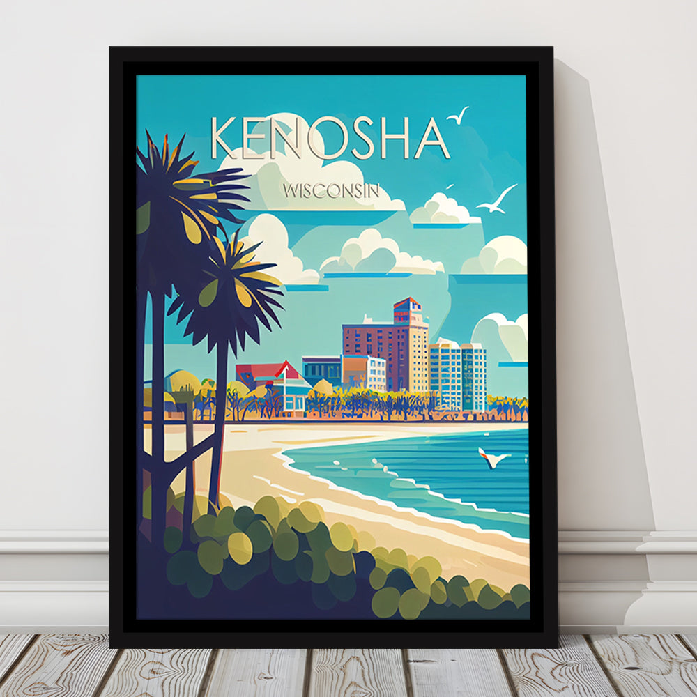 Kenosha Wisconsin Retro Art Print, Kenosha City Wall Art, Floating Framed Canvas Print, Framed Picture, Painting Canvas