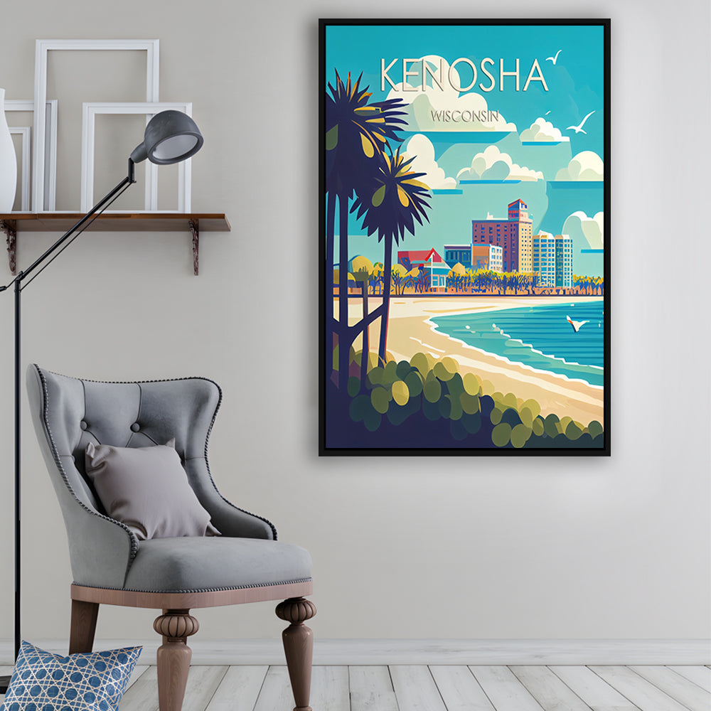 Kenosha Wisconsin Retro Art Print, Kenosha City Wall Art, Floating Framed Canvas Print, Framed Picture, Painting Canvas