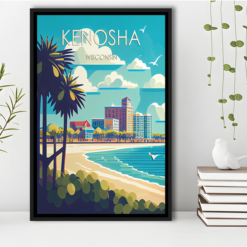 Kenosha Wisconsin Retro Art Print, Kenosha City Wall Art, Floating Framed Canvas Print, Framed Picture, Painting Canvas