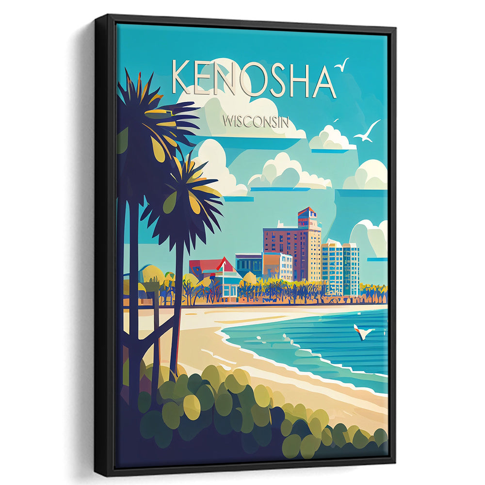Kenosha Wisconsin Retro Art Print, Kenosha City Wall Art, Floating Framed Canvas Print, Framed Picture, Painting Canvas
