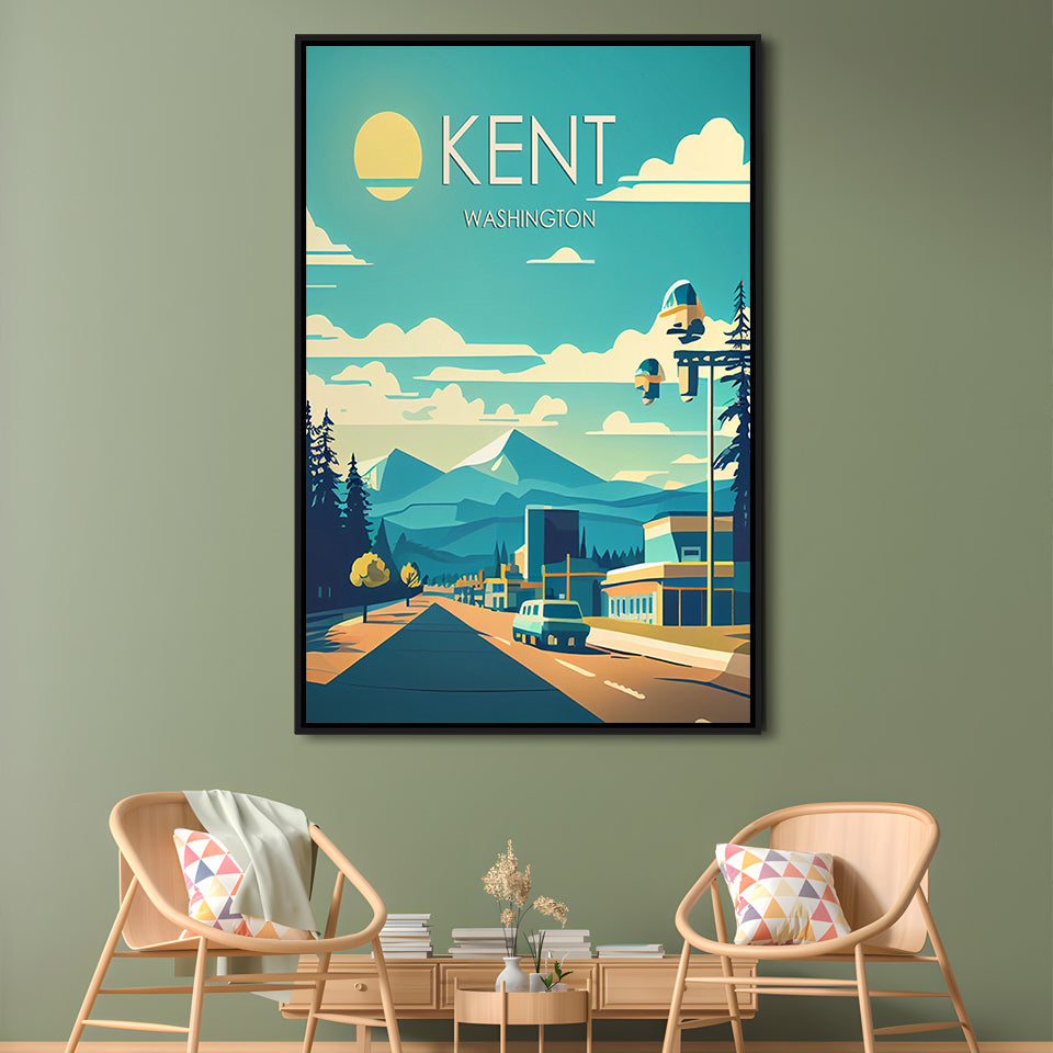 Kent Washington Retro Art Print, Kent City Wall Art, Floating Framed Canvas Print, Framed Picture, Painting Canvas
