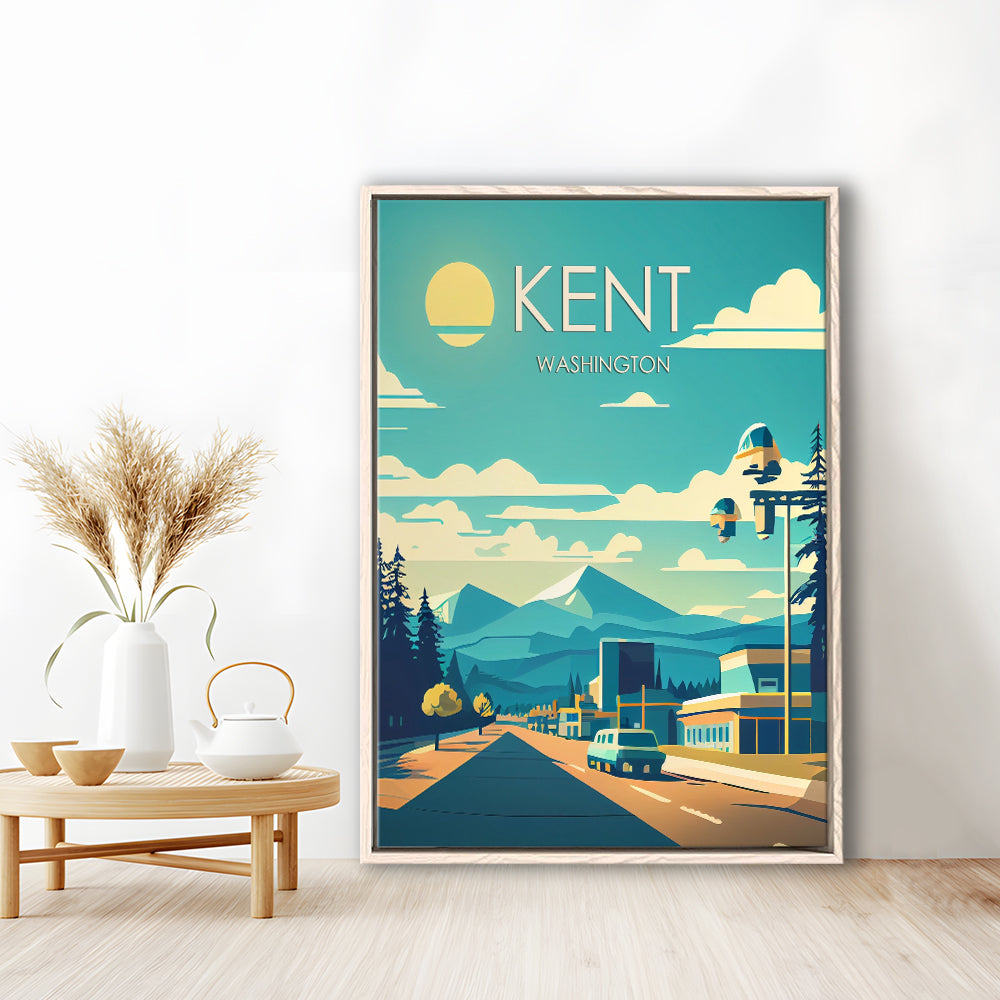 Kent Washington Retro Art Print, Kent City Wall Art, Floating Framed Canvas Print, Framed Picture, Painting Canvas