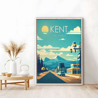 Kent Washington Retro Art Print, Kent City Wall Art, Floating Framed Canvas Print, Framed Picture, Painting Canvas