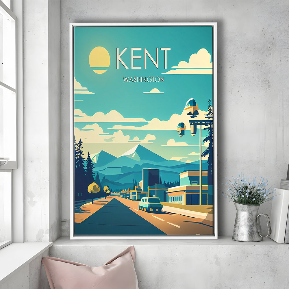 Kent Washington Retro Art Print, Kent City Wall Art, Floating Framed Canvas Print, Framed Picture, Painting Canvas