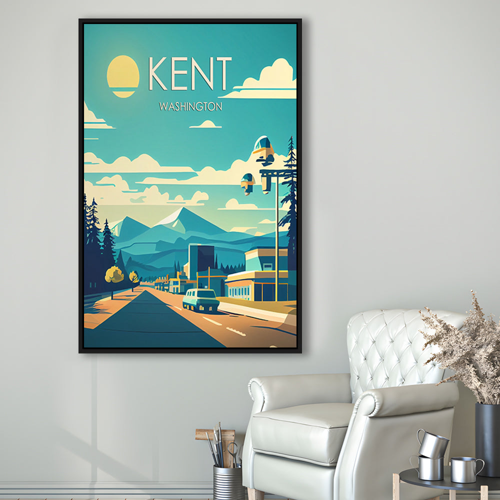 Kent Washington Retro Art Print, Kent City Wall Art, Floating Framed Canvas Print, Framed Picture, Painting Canvas
