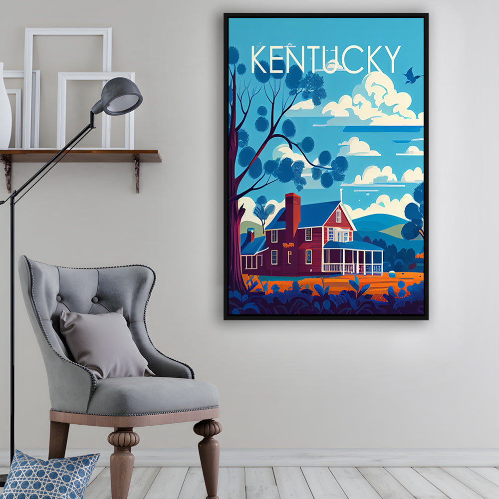 Kentucky Retro Art Print, Kentucky City Wall Art, Floating Framed Canvas Print, Framed Picture, Painting Canvas