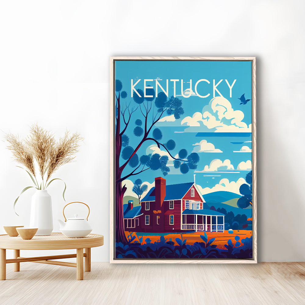 Kentucky Retro Art Print, Kentucky City Wall Art, Floating Framed Canvas Print, Framed Picture, Painting Canvas