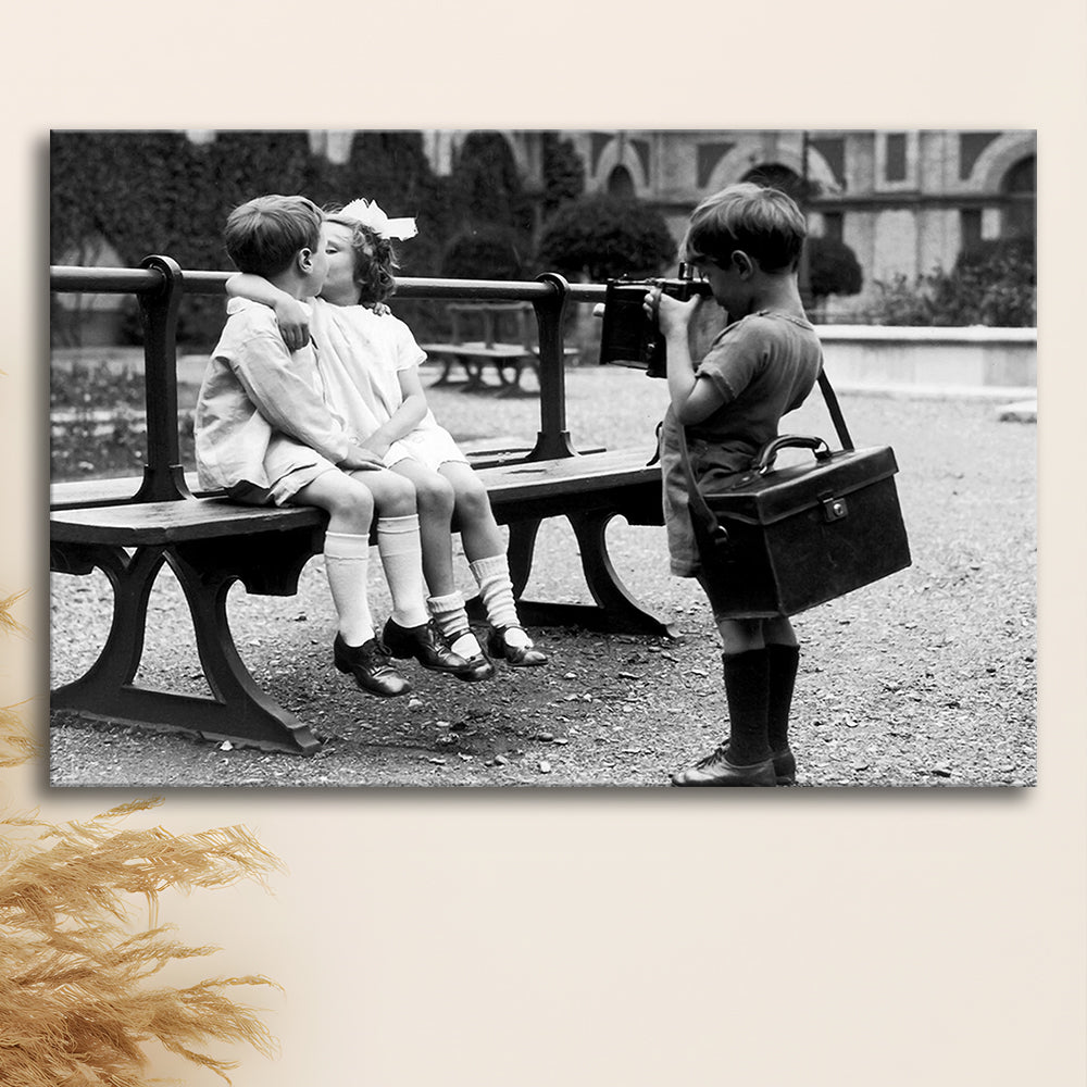Kids Kissing Print, First Kiss, Black and White Wall Art, Vintage Romantic Bedroom, Canvas Print Wall Art Decor