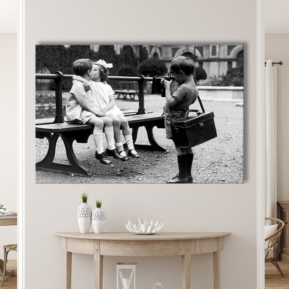 Kids Kissing Print, First Kiss, Black and White Wall Art, Vintage Romantic Bedroom, Canvas Print Wall Art Decor
