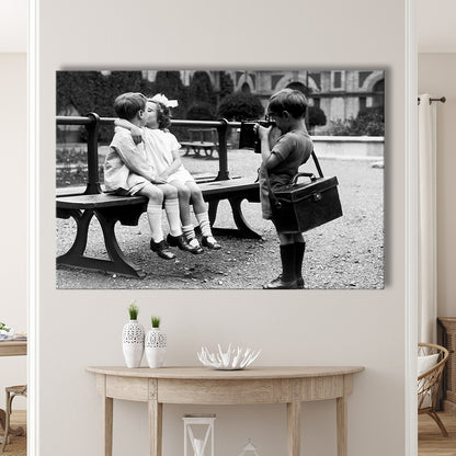 Kids Kissing Print, First Kiss, Black and White Wall Art, Vintage Romantic Bedroom, Canvas Print Wall Art Decor