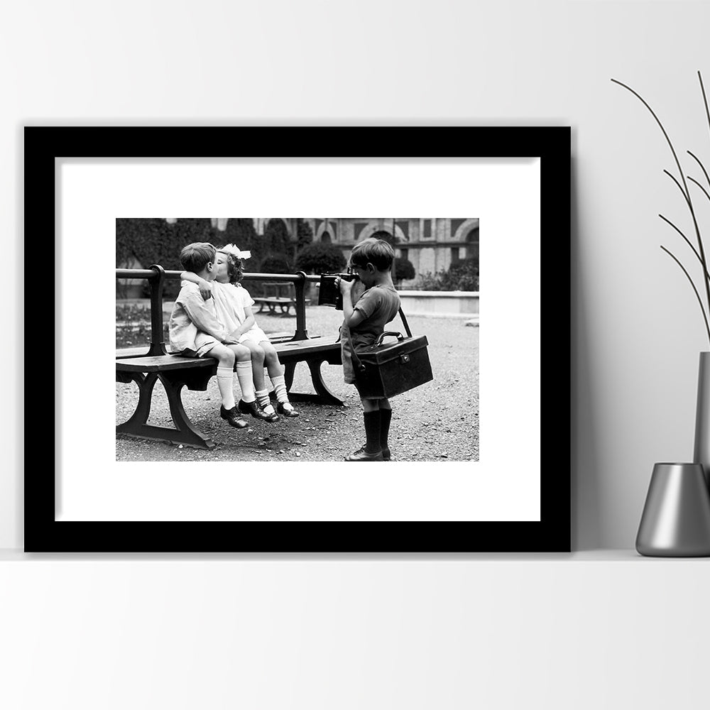 Kids Kissing Print, First Kiss, Black and White Wall Art, Vintage Romantic Bedroom, Framed Art Print White Border Wall Decor