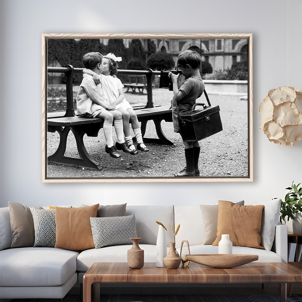 Kids Kissing Print, First Kiss, Black and White Wall Art, Vintage Romantic Bedroom, Floating Framed Canvas Print