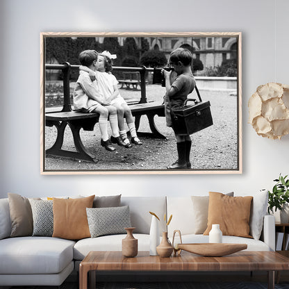 Kids Kissing Print, First Kiss, Black and White Wall Art, Vintage Romantic Bedroom, Floating Framed Canvas Print
