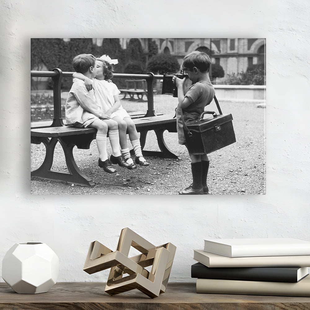 Kids Kissing Print, First Kiss, Black and White Wall Art, Vintage Romantic Bedroom, Canvas Print Wall Art Decor