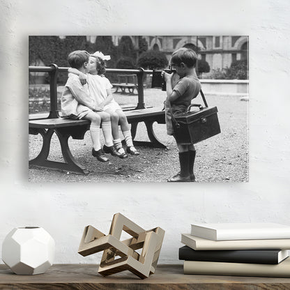 Kids Kissing Print, First Kiss, Black and White Wall Art, Vintage Romantic Bedroom, Canvas Print Wall Art Decor