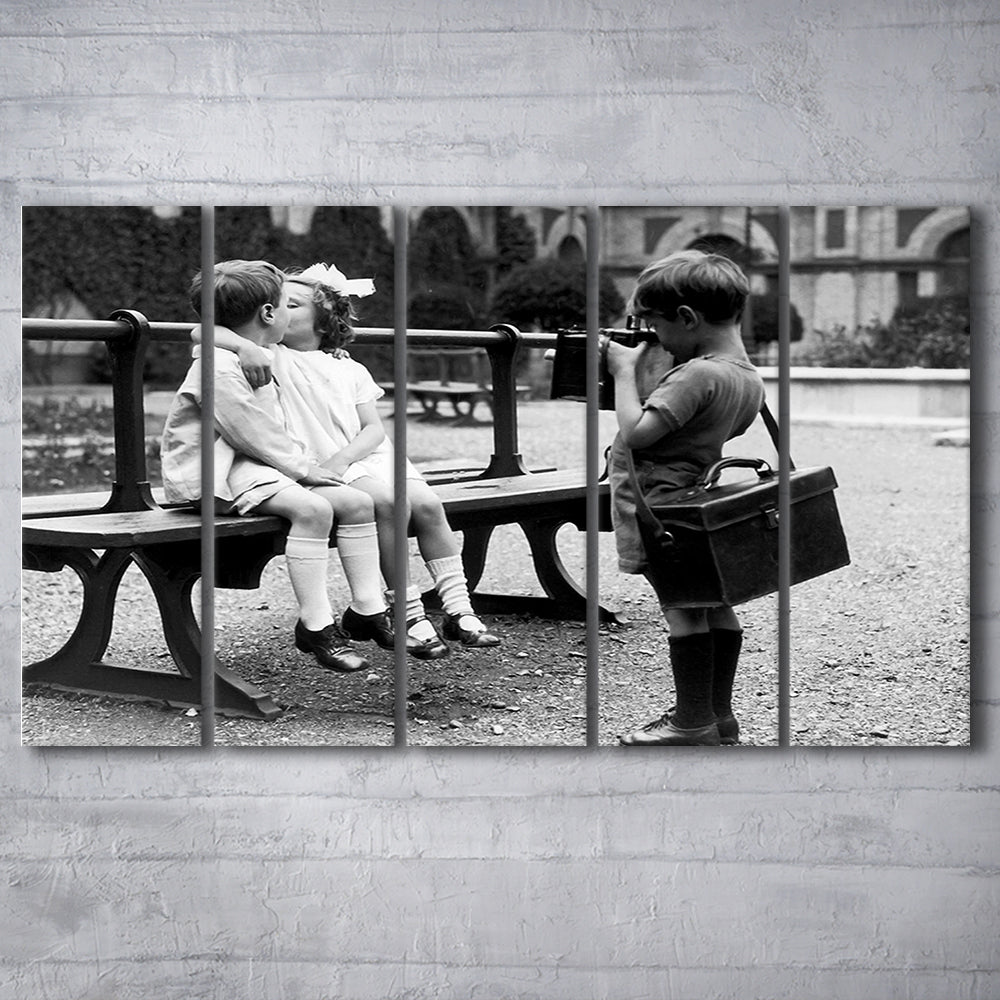 Kids Kissing Print, First Kiss, Black and White Wall Art, Vintage Romantic Bedroom, 5 Pieces Large Canvas Print
