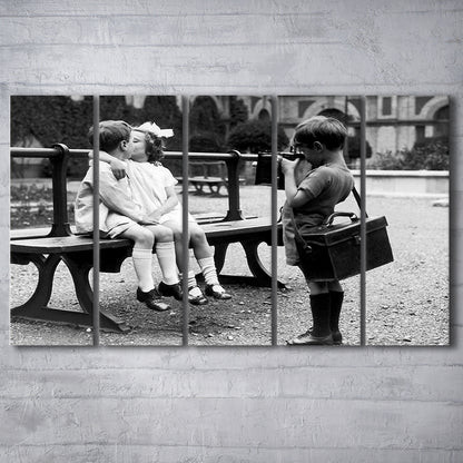 Kids Kissing Print, First Kiss, Black and White Wall Art, Vintage Romantic Bedroom, 5 Pieces Large Canvas Print