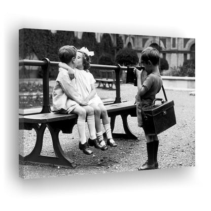 Kids Kissing Print, First Kiss, Black and White Wall Art, Vintage Romantic Bedroom, Canvas Print Wall Art Decor