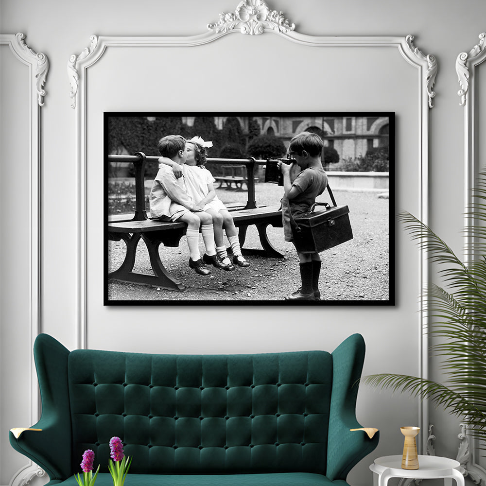 Kids Kissing Print, First Kiss, Black and White Wall Art, Vintage Romantic Bedroom, Framed Art Print Wall Decor