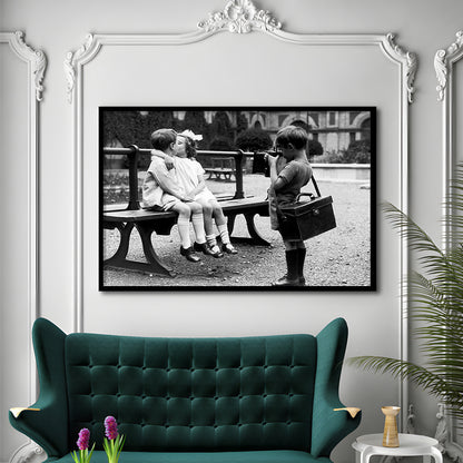 Kids Kissing Print, First Kiss, Black and White Wall Art, Vintage Romantic Bedroom, Framed Art Print Wall Decor