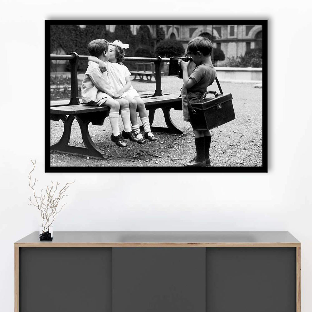 Kids Kissing Print, First Kiss, Black and White Wall Art, Vintage Romantic Bedroom, Framed Art Print Wall Decor