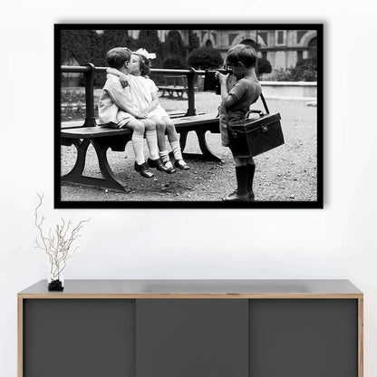 Kids Kissing Print, First Kiss, Black and White Wall Art, Vintage Romantic Bedroom, Framed Art Print Wall Decor