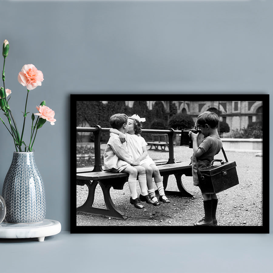 Kids Kissing Print, First Kiss, Black and White Wall Art, Vintage Romantic Bedroom, Framed Art Print Wall Decor