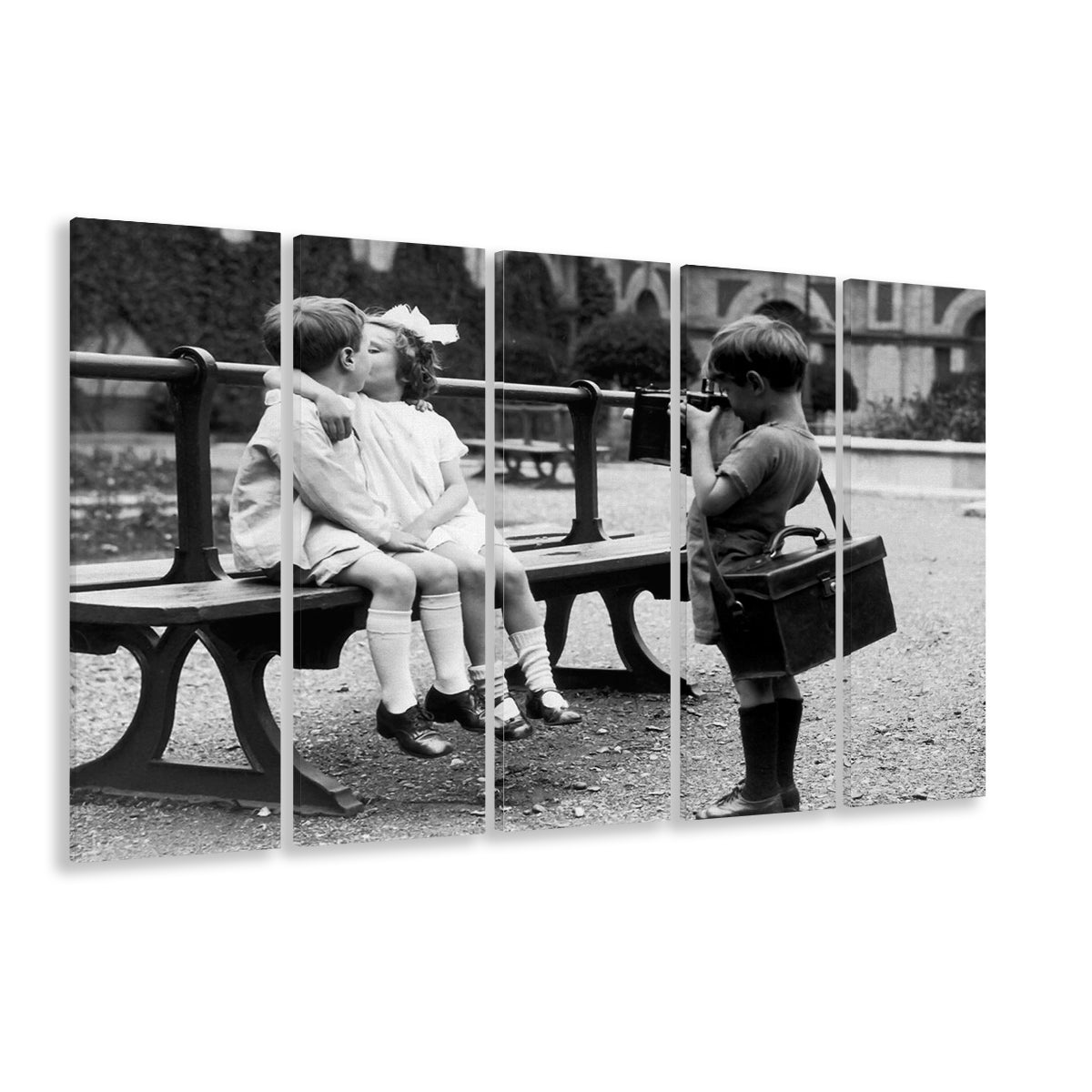 Kids Kissing Print, First Kiss, Black and White Wall Art, Vintage Romantic Bedroom, 5 Pieces Large Canvas Print