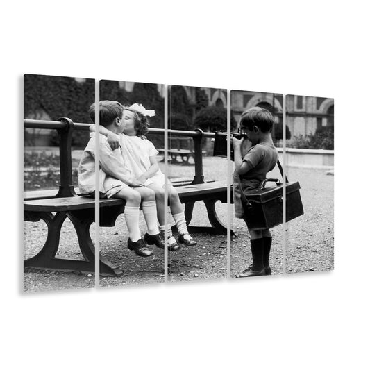 Kids Kissing Print, First Kiss, Black and White Wall Art, Vintage Romantic Bedroom, 5 Pieces Large Canvas Print