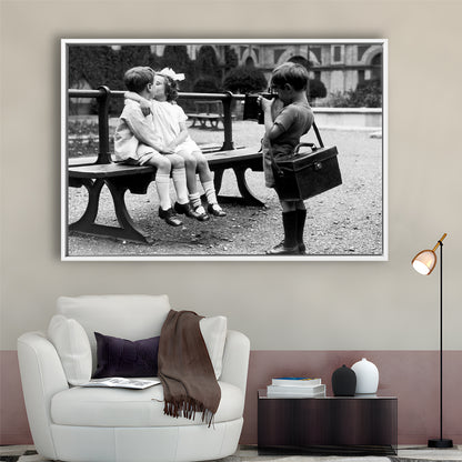 Kids Kissing Print, First Kiss, Black and White Wall Art, Vintage Romantic Bedroom, Floating Framed Canvas Print
