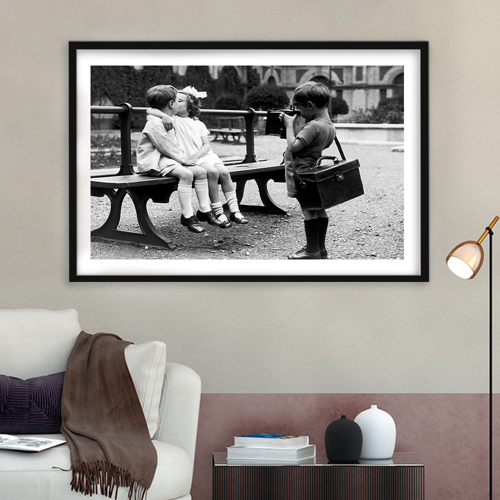 Kids Kissing Print, First Kiss, Black and White Wall Art, Vintage Romantic Bedroom, Framed Art Print White Border Wall Decor
