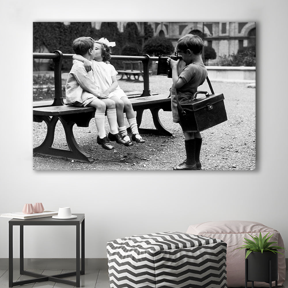 Kids Kissing Print, First Kiss, Black and White Wall Art, Vintage Romantic Bedroom, Canvas Print Wall Art Decor