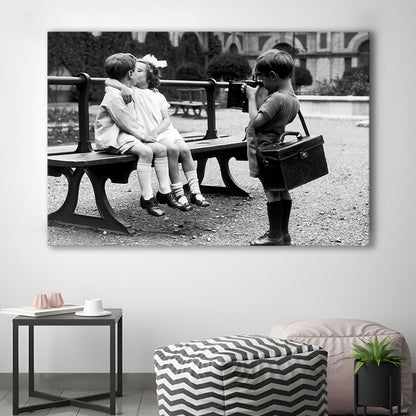 Kids Kissing Print, First Kiss, Black and White Wall Art, Vintage Romantic Bedroom, Canvas Print Wall Art Decor