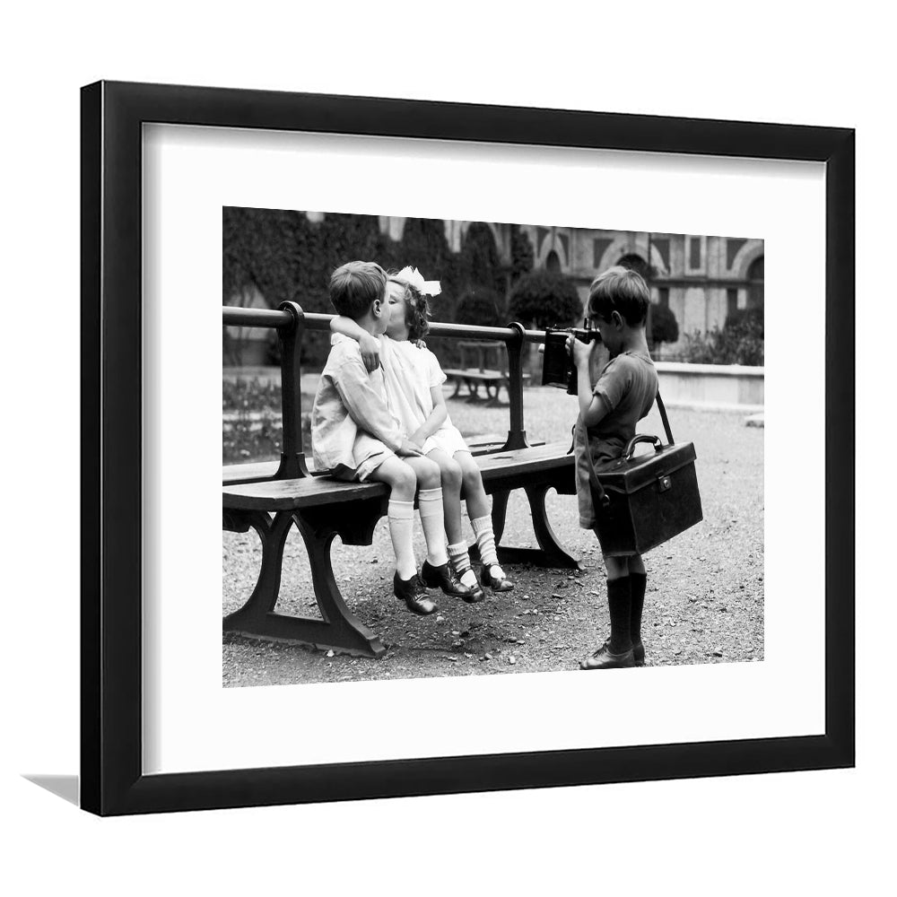 Kids Kissing Print, First Kiss, Black and White Wall Art, Vintage Romantic Bedroom, Framed Art Print White Border Wall Decor