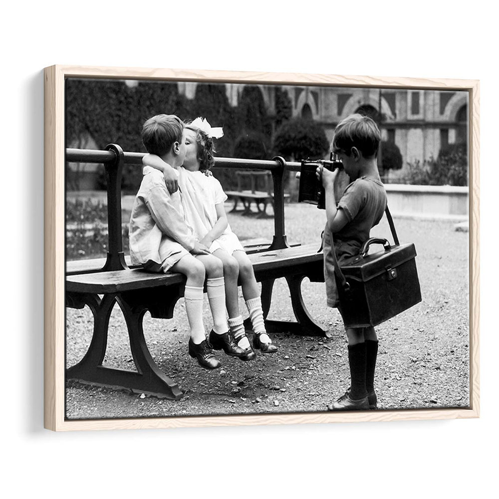 Kids Kissing Print, First Kiss, Black and White Wall Art, Vintage Romantic Bedroom, Floating Framed Canvas Print