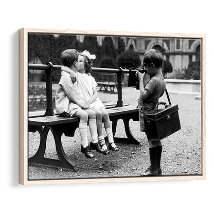 Kids Kissing Print, First Kiss, Black and White Wall Art, Vintage Romantic Bedroom, Floating Framed Canvas Print