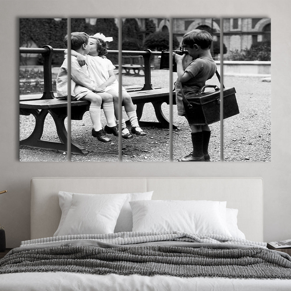Kids Kissing Print, First Kiss, Black and White Wall Art, Vintage Romantic Bedroom, 5 Pieces Large Canvas Print